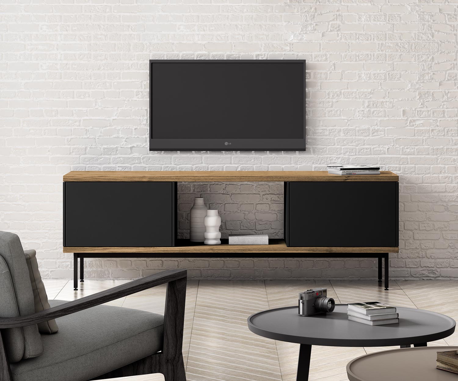 TV Design Sideboard Punt Slats im Wohnzimmer mit TV Wand Paneel