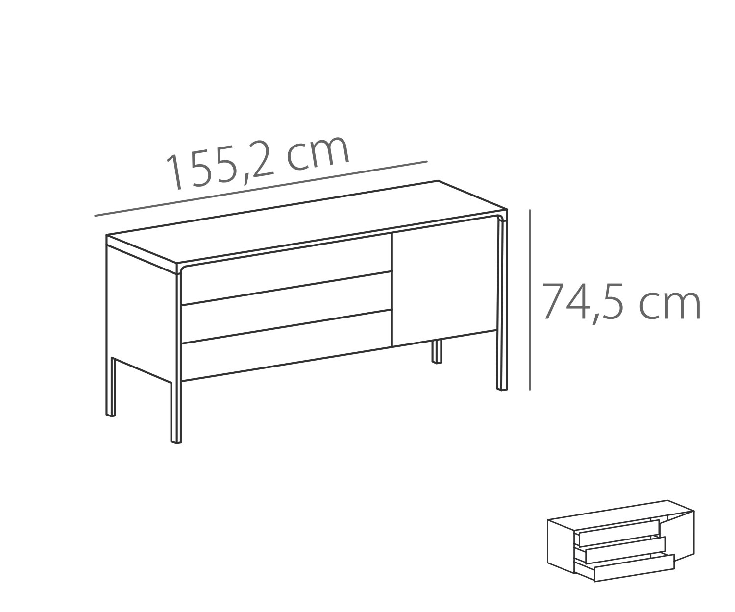 Punt Sideboard Tactile Tactile Eiche Weiß Tactile B 155 3 Schubladen + 1 Tür Skizze