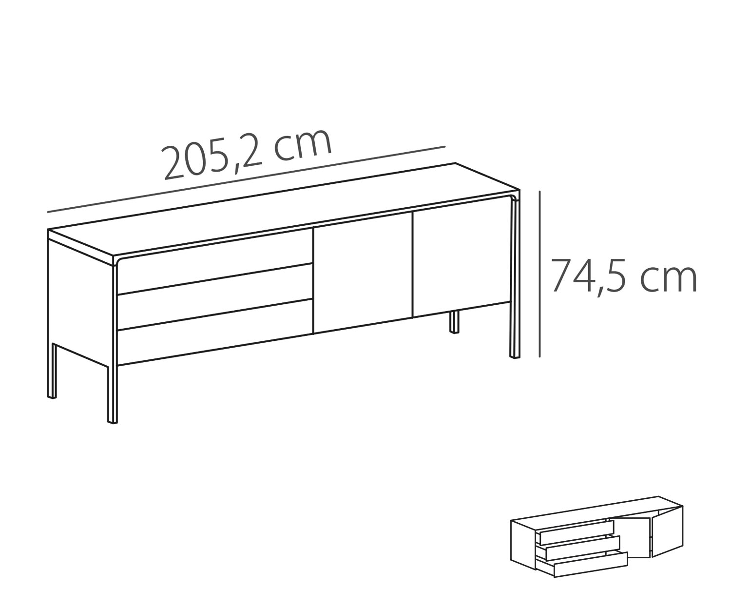 Punt Sideboard Tactile Tactile Walnuss Walnuss Tactile B 205 3 Schubladen + 2 Türen Skizze