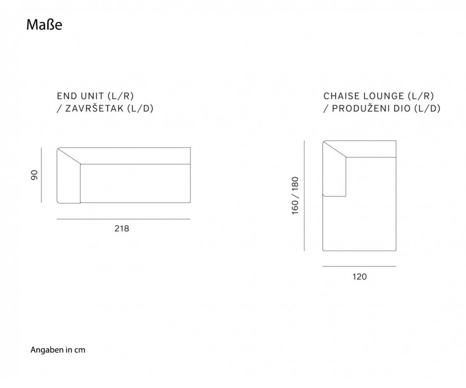 Prostoria Seam Eck Sofa mit Chaiselongue Maße Größen Größenangaben Skizze in cm